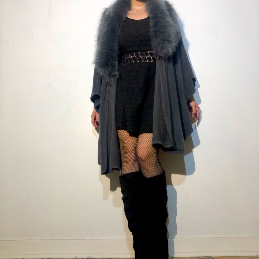 Grey Shawl with Faux Fur